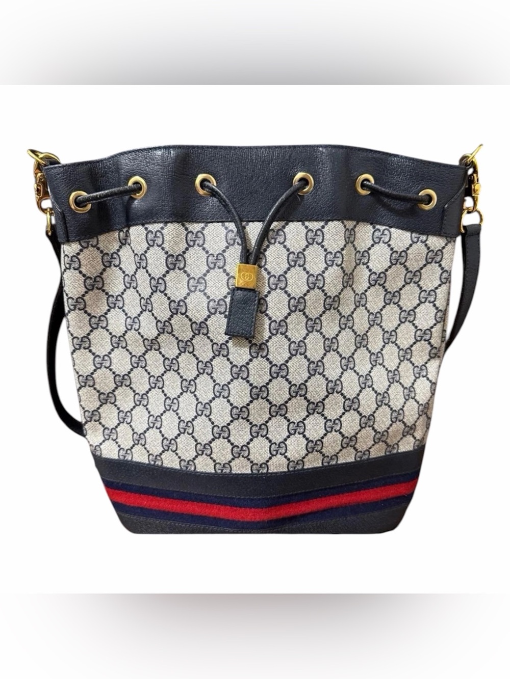 GUCCI Vintage GG Drawstring Shoulder Bag Navy Leather Sherry Line Beige